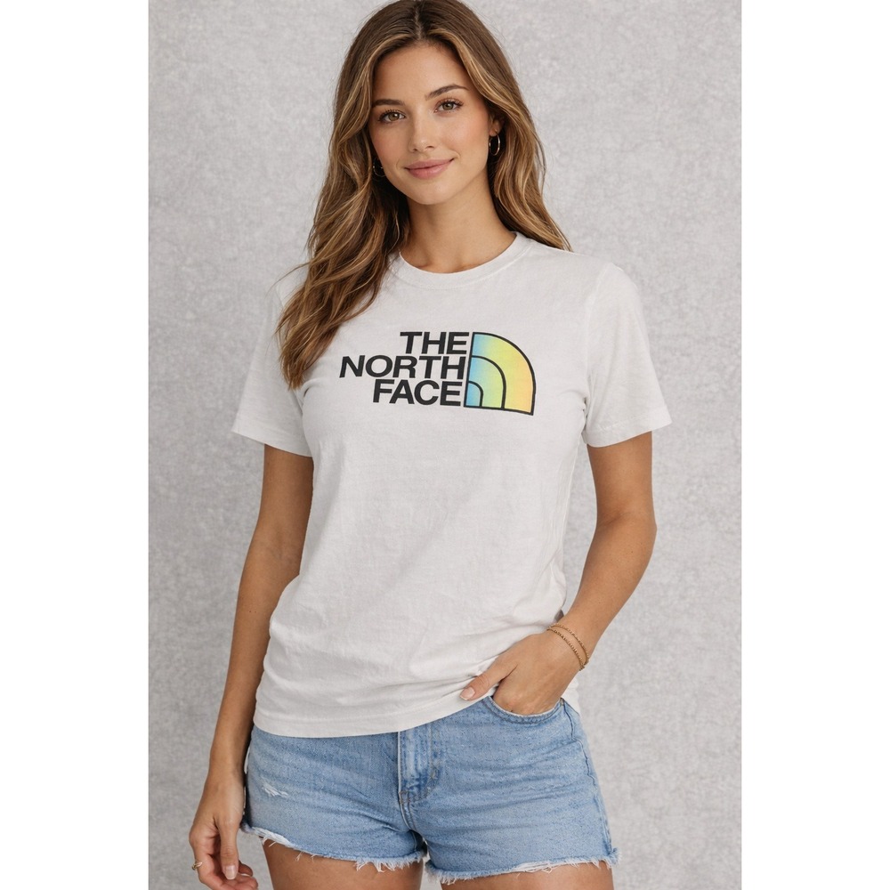 The North Face T-Shirt Womens L White Rainbow Gradient Logo Short Sleeve Cotton